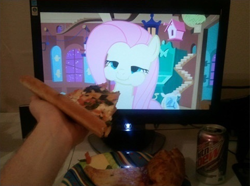 Size: 480x358 | Tagged: safe, fluttershy, pegasus, pony, food, otaku date, photo, pizza, waifu dinner