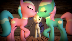 Size: 1920x1080 | Tagged: safe, artist:d0ntst0pme, aloe, lotus blossom, rarity, earth pony, pony, unicorn, 3d, female, gmod, imminent kissing, incest, lesbian, mare, shipping, spacest, twincest