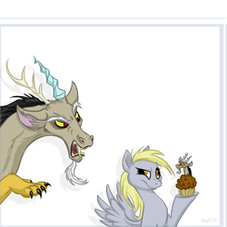 Size: 600x600 | Tagged: safe, artist:jaylacinechiboa, derpy hooves, discord, pegasus, pony, angry, confused, female, frown, hoof hold, mare, muffin, open mouth, raised eyebrow, spread wings