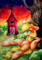 Size: 898x1280 | Tagged: safe, artist:dimwitdog, applejack, earth pony, pony, armpits, barn, dusk, female, grass, outdoors, sitting, solo, sunset, sweet apple acres, tree