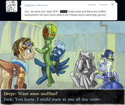 Size: 600x501 | Tagged: safe, artist:saturnspace, derpy hooves, doctor whooves, star hunter, pegasus, pony, ask, clockwise whooves, female, jack harkness, mare, scp-173, tumblr, weeping angel