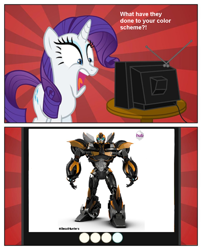 Size: 970x1200 | Tagged: safe, rarity, pony, unicorn, beast hunters, bumblebee, exploitable meme, hashtag, hub logo, transformers, transformers prime, tv meme