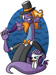 Size: 400x534 | Tagged: safe, artist:xkappax, rarity, steven magnet, pony, sea serpent, unicorn, bowtie, hat, moustache, serpent, top hat