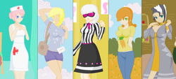 Size: 900x408 | Tagged: safe, artist:rarity-pie, carrot top, derpy hooves, golden harvest, nurse redheart, photo finish, zecora, alternate hairstyle, humanized, light skin, zecora's hut