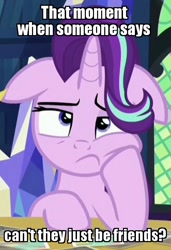 Size: 502x734 | Tagged: safe, edit, edited screencap, screencap, starlight glimmer, pony, unicorn, every little thing she does, annoyed, bored, caption, cropped, floppy ears, frown, hoof on chin, image macro, implied shipping, meme, reaction image, solo