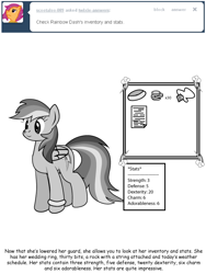 Size: 600x800 | Tagged: safe, artist:dekomaru, derpibooru import, rainbow dash, pegasus, pony, applestuck, ask, grayscale, inventory, monochrome, smiling, solo, tumblr, tumblr:ask twixie