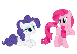 Size: 500x354 | Tagged: safe, pinkie pie, rarity, earth pony, pony, unicorn, alternate hairstyle, duo, duo female, female, mare, pink coat, pink mane, purple mane, white coat