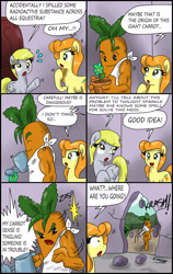 Size: 1959x3090 | Tagged: safe, artist:ciriliko, carrot top, derpy hooves, golden harvest, pegasus, pony, carrot, comic, creeper, female, food, mare, zas