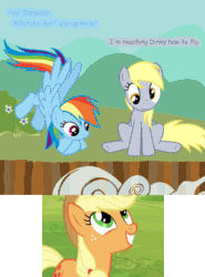 Size: 899x1217 | Tagged: safe, derpibooru import, applejack, derpy hooves, dinky hooves, rainbow dash, earth pony, pegasus, pony, :t, animated, cliff, cloud, comic, dark comedy, dialogue, dinkybuse, equestria's best mother, equestria's worst mother, female, flying, frown, implied abuse, looking down, mare, sitting, smiling, spread wings, squee, this will end in tears, this will end in tears and/or death, underhoof, watching, we are going to hell, wide eyes, wings, worried
