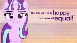 Size: 1366x768 | Tagged: safe, artist:caseyjewels, artist:partylikeanartist, starlight glimmer, pony, unicorn, dialogue, equality, female, lidded eyes, looking at you, mare, quote, smirk, smug, smuglight glimmer, solo, song reference, stalin glimmer, texture, vector, villainess, wallpaper