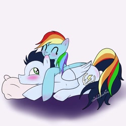 Size: 1415x1415 | Tagged: safe, artist:vinviasshine, derpibooru import, rainbow dash, soarin', pegasus, pony, biting, blushing, ear bite, female, horses doing horse things, male, shipping, soarindash, straight