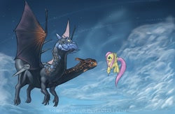 Size: 1392x911 | Tagged: safe, artist:saurabhinator, fluttershy, dragon, pegasus, pony, cloud, cloudy, crossover, dota, dota 2, female, flying, game, jakiro, mare, multiple heads, sky, smiling, spread wings, two heads, two-headed dragon