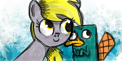 Size: 900x450 | Tagged: safe, artist:fedorabow, derpy hooves, pegasus, pony, crossover, female, mare, perry, perry the platypus