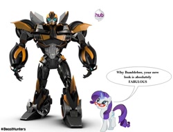 Size: 946x723 | Tagged: safe, rarity, pony, unicorn, beast hunters, bumblebee, hashtag, hub logo, transformers, transformers prime