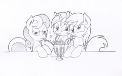 Size: 2000x1250 | Tagged: safe, artist:agamnentzar, bon bon, derpy hooves, lyra heartstrings, sweetie drops, pegasus, pony, bon bon is not amused, bubble, female, mare, milkshake, monochrome, puffy cheeks, scrunchy face, sharing a drink, style emulation, trio, unamused