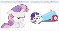 Size: 527x284 | Tagged: safe, artist:the-crusius, rarity, sweetie belle, pony, unicorn, exploitable meme, juxtaposition, juxtaposition win, party cannon, pony cannonball, simple background, vector, white background