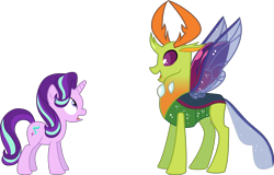 Size: 4676x3000 | Tagged: safe, artist:uponia, starlight glimmer, thorax, changedling, changeling, pony, unicorn, to where and back again, absurd resolution, changeling king, duo, female, king thorax, male, mare, open mouth, simple background, spread wings, surprised, transparent background, vector, wings