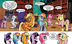 Size: 1400x857 | Tagged: safe, artist:andypriceart, derpibooru import, idw, applejack, fluttershy, pinkie pie, rainbow dash, rarity, twilight sparkle, twilight sparkle (alicorn), alicorn, earth pony, pegasus, pony, unicorn, reflections, spoiler:comic, spoiler:comic17, bookshelf, comic, cropped, dentist, female, mane 6 interests, mane six, mare, meme origin, official comic, speech bubble