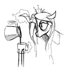 Size: 758x837 | Tagged: safe, artist:skrapbox, queen chrysalis, changeling, changeling queen, coffee, female, holes, magic, monochrome, mug, sketch, solo, telekinesis