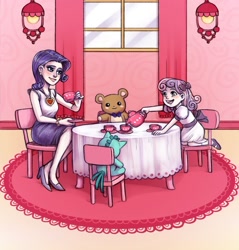 Size: 800x837 | Tagged: safe, artist:courtneygodbey, rarity, sweetie belle, best sisters, clothes, cup, cute, diasweetes, dress, drink, equestria's best big sister, humanized, sweet dreams fuel, table, tea, tea party, teddy bear