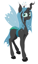 Size: 2759x4675 | Tagged: safe, artist:paskanaakka, derpibooru exclusive, queen chrysalis, changeling, changeling queen, ear fluff, fangs, high res, raised leg, simple background, smiling, solo, transparent background, transparent wings, villains of equestria collab