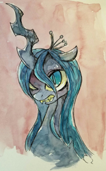 Size: 1271x2048 | Tagged: safe, artist:awk44, queen chrysalis, changeling, changeling queen, female, looking at you, solo, traditional art