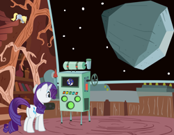 Size: 2895x2241 | Tagged: safe, artist:donnyku, derpy hooves, rarity, tom, pegasus, pony, unicorn, background pony, david bowie, earth, female, mare, pun, rock, song reference, space, space oddity, visual pun