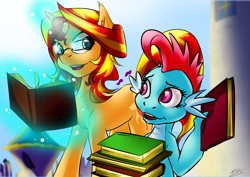 Size: 1280x904 | Tagged: safe, artist:drizziedoodles, sunset shimmer, oc, oc:dim sum the dragon, dragon, pony, book, canterlot, glasses