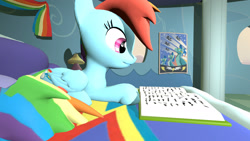 Size: 1920x1080 | Tagged: safe, artist:maksimusdel, derpibooru import, rainbow dash, pegasus, pony, 3d, book, female, mare, multicolored tail, reading, sitting, solo, source filmmaker, wonderbolts poster