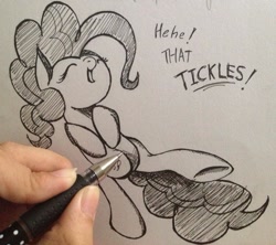 Size: 960x853 | Tagged: safe, artist:thet-rex, pinkie pie, earth pony, pony, cute, diapinkes, drawn into existence, fourth wall, monochrome, solo, tickling, traditional art