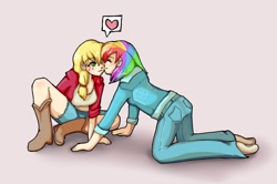 Size: 996x660 | Tagged: safe, artist:first-blush, applejack, rainbow dash, appledash, humanized, shipping