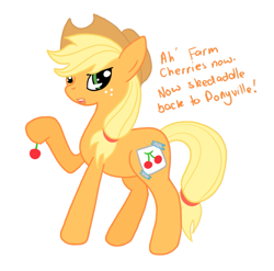 Size: 821x810 | Tagged: safe, artist:remmis-applemaster, applejack, earth pony, pony, cherry, fake cutie mark, female, food, mare, raised hoof, simple background, solo