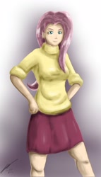 Size: 1200x2100 | Tagged: safe, artist:j-pmn, fluttershy, clothes, humanized, skirt, sweatershy