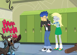 Size: 992x720 | Tagged: safe, edit, edited screencap, screencap, derpy hooves, flash sentry, queen chrysalis, changeling, changeling queen, equestria girls, friendship games, spoiler:comic, spoiler:comic35, chrysalis laughs at your misery, comforting, consoling, exploitable, exploitable meme, female, guitar, guitar case, laughing, lockers, meme, obligatory pony, sad, trio