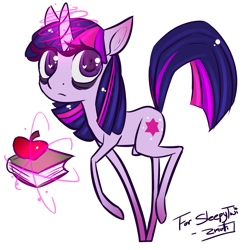 Size: 1815x1861 | Tagged: safe, artist:morkemime, derpibooru import, twilight sparkle, apple, book, magic, sleepy, solo