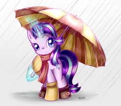 Size: 1027x900 | Tagged: safe, artist:nika191319, starlight glimmer, pony, unicorn, clothes, rain, scarf, solo, umbrella