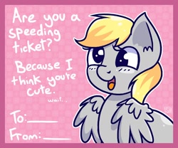 Size: 600x500 | Tagged: safe, artist:steveholt, derpy hooves, pegasus, pony, blushing, cute, derp, derpabetes, female, holiday, mare, open mouth, pickup lines, solo, valentine, valentine's day, valentine's day card