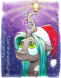 Size: 10216x13165 | Tagged: safe, artist:andypriceart, queen chrysalis, changeling, changeling queen, :3, absurd file size, absurd resolution, christmas, christmas changeling, christmas lights, cute, cutealis, gold star, hat, holiday, looking up, merry christmas, merry chrysalis, queen christmas, santa hat, scanned, solo, too big for derpibooru, traditional art