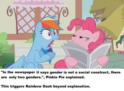 Size: 838x618 | Tagged: safe, derpibooru import, edit, edited screencap, screencap, pinkie pie, rainbow dash, earth pony, pegasus, pony, daring done?, meme, newspaper, ponestrip, triggered