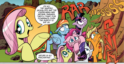 Size: 2148x1120 | Tagged: safe, artist:andypriceart, derpibooru import, idw, applejack, fluttershy, pinkie pie, rainbow dash, rarity, twilight sparkle, twilight sparkle (alicorn), alicorn, earth pony, pegasus, pony, unicorn, spoiler:comic, spoiler:comic03, bad advice fluttershy, blue coat, blue eyes, circle of life, comic, cringing, dialogue, exploitable meme, female, grossed out, hoof over mouth, implied death, looking up, mane six, mare, meme origin, multicolored tail, nature is so fascinating, nightmare fuel, official comic, origins, pink coat, pink mane, puffy cheeks, shrunken pupils, smiling, speech bubble, thousand yard stare, tongue out, varying degrees of want, wings, yellow coat, you know for kids