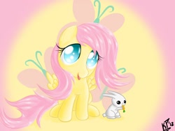 Size: 1600x1200 | Tagged: safe, artist:kinkyspree, angel bunny, fluttershy, pegasus, pony, rabbit, female, mare, pet, pink mane, yellow coat