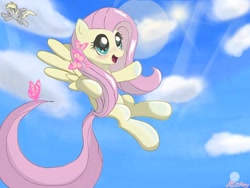 Size: 1024x768 | Tagged: dead source, safe, artist:8bitamy, derpy hooves, fluttershy, butterfly, pegasus, pony, female, flying, mare