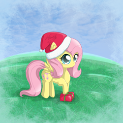 Size: 800x800 | Tagged: safe, artist:slinkycraft, fluttershy, pegasus, pony, christmas, female, mare, present, signature, solo