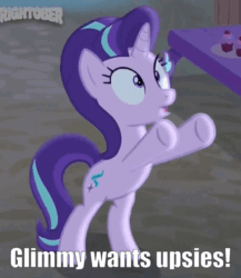 Size: 440x507 | Tagged: safe, edit, edited screencap, screencap, starlight glimmer, pony, unicorn, to where and back again, animated, baby talk, bipedal, bronybait, cute, female, frown, gif, glimmerbetes, glimmy, hug request, image macro, impact font, looking up, loop, mare, meme, open mouth, solo, underhoof, upsies, wide eyes