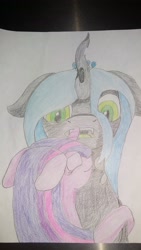 Size: 1836x3264 | Tagged: safe, artist:krumpcakes, queen chrysalis, twilight sparkle, changeling, changeling queen, female, hug, lesbian, nuzzling, shipping, simple background, surprised, traditional art, twisalis