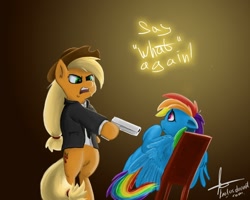 Size: 1000x800 | Tagged: safe, artist:rublegun, applejack, rainbow dash, earth pony, pegasus, pony, gun, parody, pulp fiction, weapon