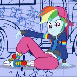 Size: 419x422 | Tagged: safe, derpibooru import, screencap, rainbow dash, eqg summertime shorts, equestria girls, get the show on the road, backwards ballcap, baseball cap, blueprint, breakdancing, cap, clothes, converse, cropped, hat, jacket, pants, rapper dash, sexy, shoes, smiling, sneakers, zoomed in