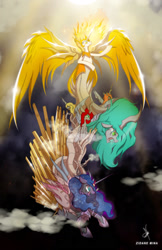 Size: 1024x1580 | Tagged: safe, artist:zidanemina, daybreaker, nightmare moon, queen chrysalis, oc, changeling, changeling queen, crossover, final fantasy, final fantasy vi, kefka palazzo, monument to non-existence