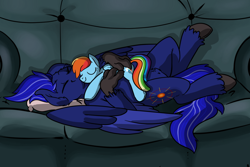 Size: 1024x686 | Tagged: dead source, safe, artist:riverofdreams, artist:roy, derpibooru import, rainbow dash, oc, oc only, oc:neutrino burst, hippogriff, pegasus, pony, hug, pillow, plushie, sleeping, sofa, unshorn fetlocks