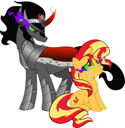 Size: 3000x3066 | Tagged: safe, artist:theshadowstone, king sombra, sunset shimmer, pony, unicorn, alternate universe, backwards cutie mark, bad end, crying, curved horn, dark magic, magic, pouting, simple background, sombra eyes, transparent background, vector